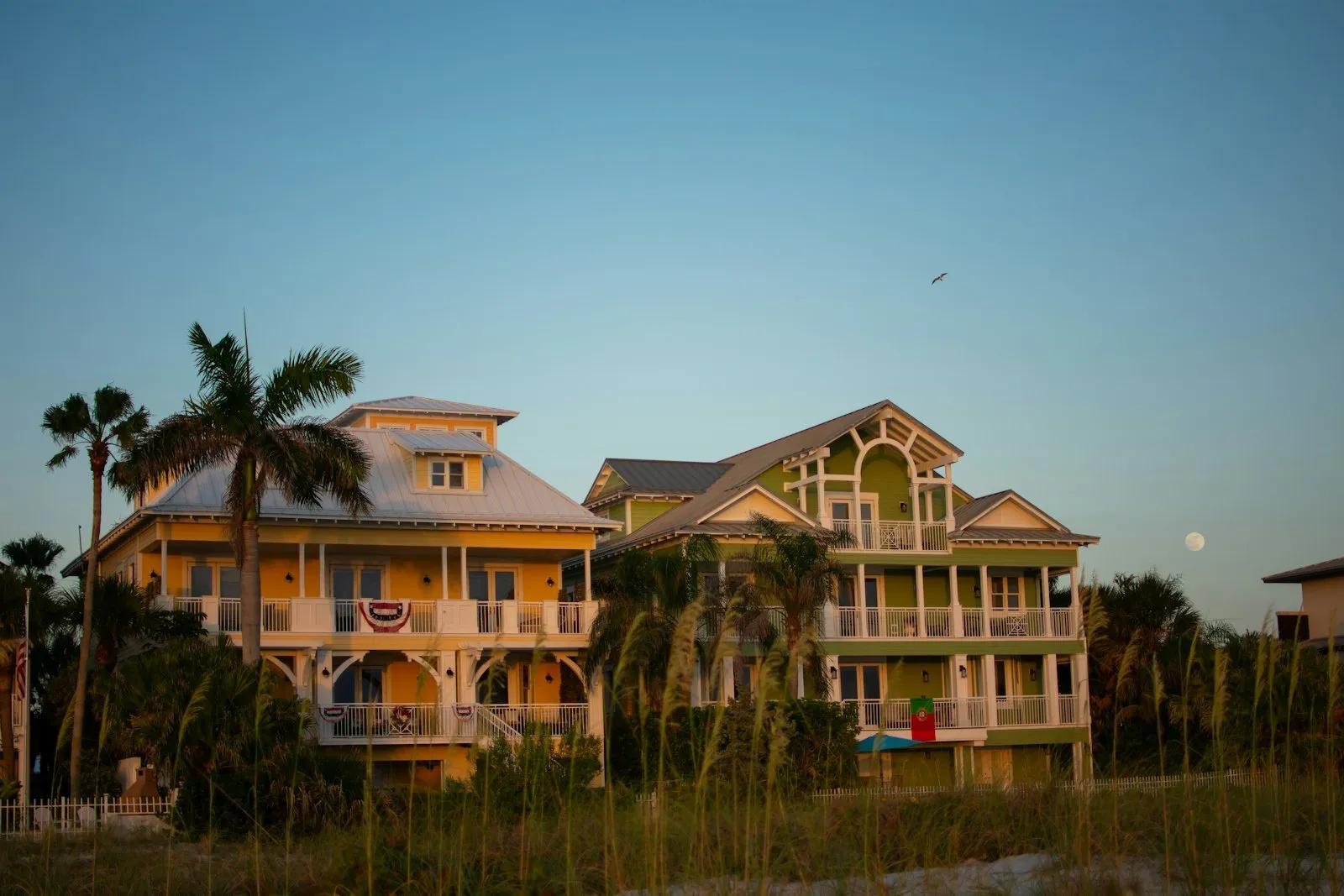 Raised coastal homes with wide porches, palms and sea oats at dusk