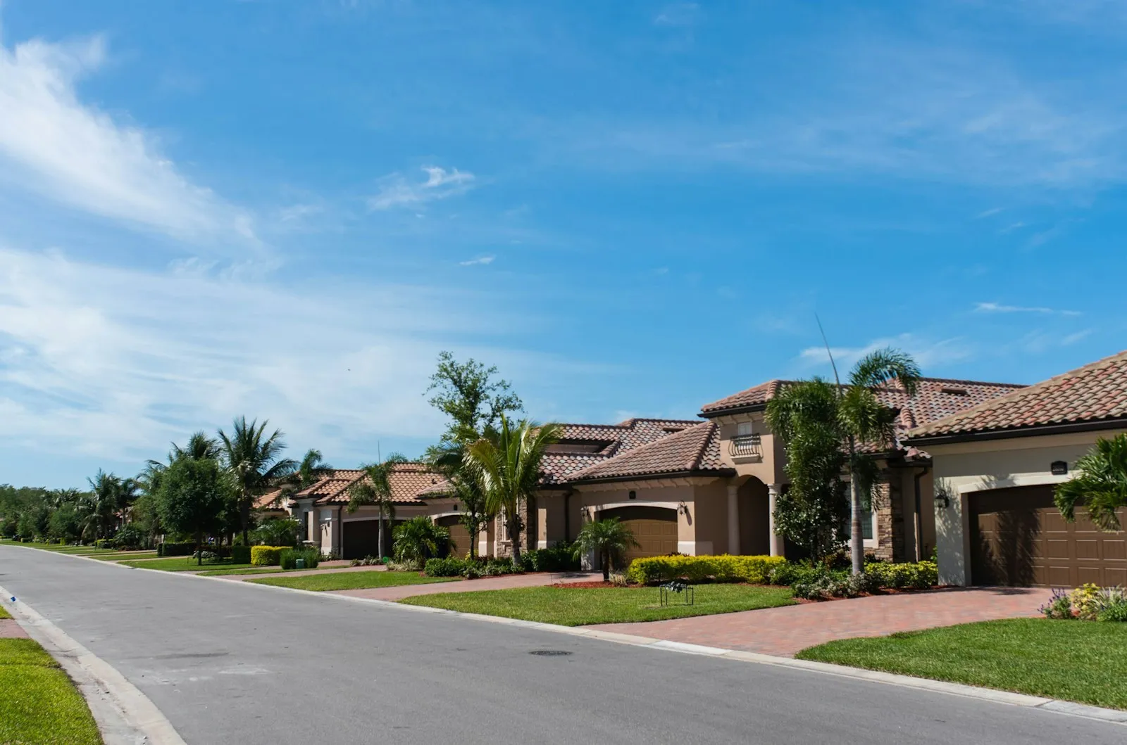 A street of stucco homes with tile roofs, palms and paver driveways