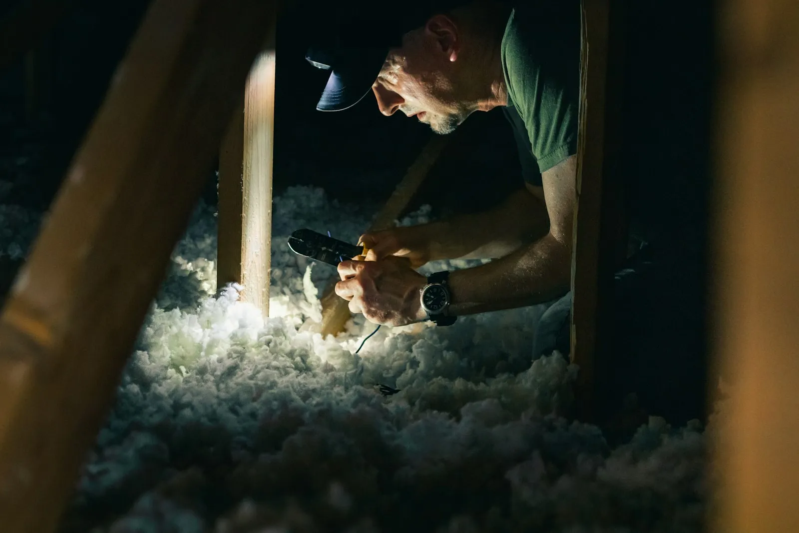 An inspector lit by a headlamp leans into attic insulation with a flashlight